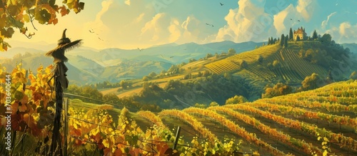 Austria's Tuscany: hilly landscape with vineyards and a Klapotetz, a scarecrow driving away birds with rattling noises. photo