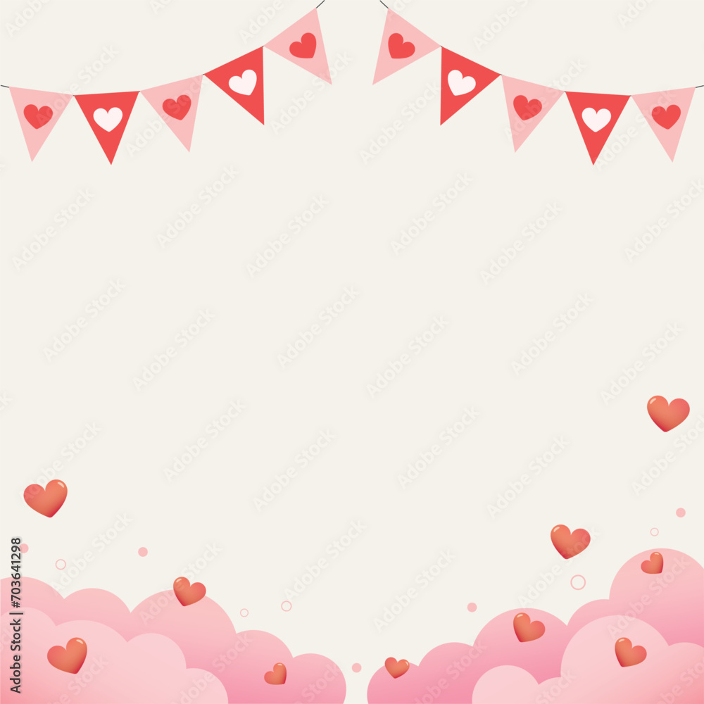 Template of love with hearts and hanging flag. Frame with hearts. Cute happy valentine's day card.