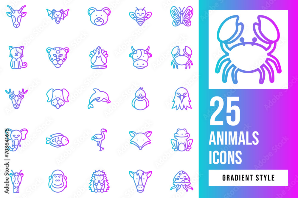 Animals Gradient Icon Set. Vector Illustration. eagle, giraffe, elephant, bat, horse, frog, butterfly, dog, dolphin, cheetah, gorilla, cow, fish, bear, cat, deer, fox, bee, flamingo, antelope, duck. Animals Gradient Icon Set. Vector Illustration. eagle, giraffe, elephant, bat, horse, frog, butterfly, dog, dolphin, cheetah, gorilla, cow, fish, bear, cat, deer, fox, bee, flamingo, antelope, duck.