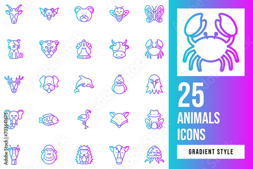 Animals Gradient Icon Set. Vector Illustration. eagle, giraffe, elephant, bat, horse, frog, butterfly, dog, dolphin, cheetah, gorilla, cow, fish, bear, cat, deer, fox, bee, flamingo, antelope, duck.