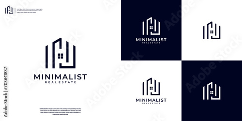 Minimalist home with line art style logo design template