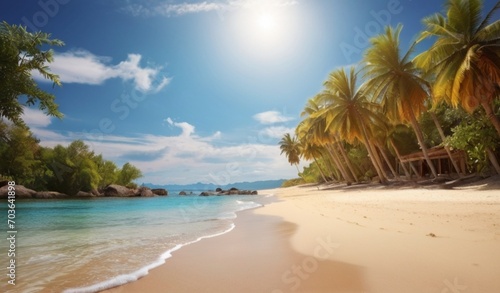 Tropical summer sand beach on sea sky background, copy space from AI Generative
