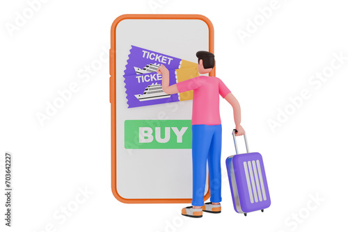 3D Illustration of buy online ship ticket with smartphone. Buying ferry or cruise ticket on mobile phone. 3d illustration