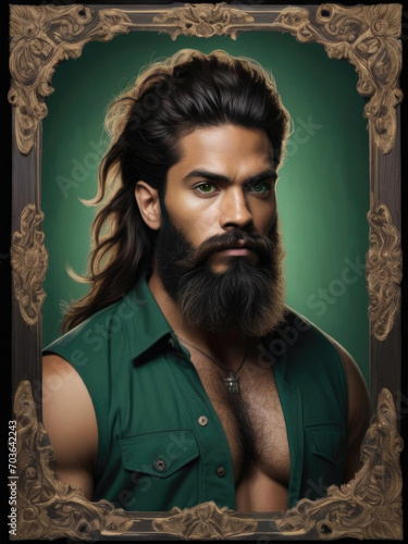 Dramatic Portrait of a Tall Mesomorph Latino Lumberjack with Magnificent Beard and Silky Hair in Dramatic Baroque Lighting Gen AI photo