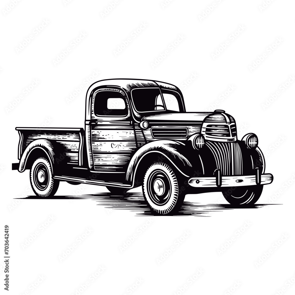 Pickup truck woodcut drawing vector template