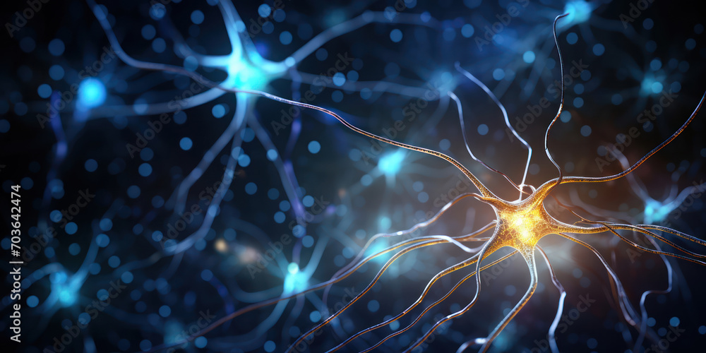 Glowing blue neurons transmitting signals in the expanse of a dark brain Glowing blue neurons transmitting signals in the expanse of a dark brain