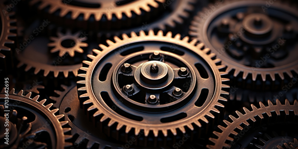 The intricate dark metallic gears of an old locomotive's wheel The intricate dark metallic gears of an old locomotive's wheel