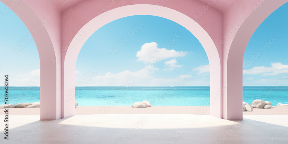 An archway opens to a serene beachscape, inviting a peaceful escape