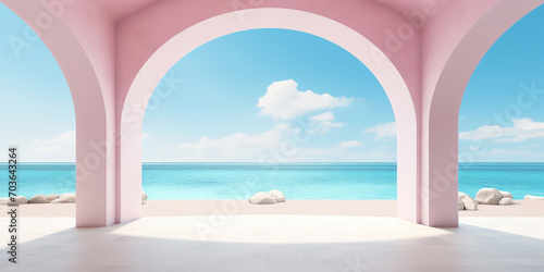 An archway opens to a serene beachscape  inviting a peaceful escape