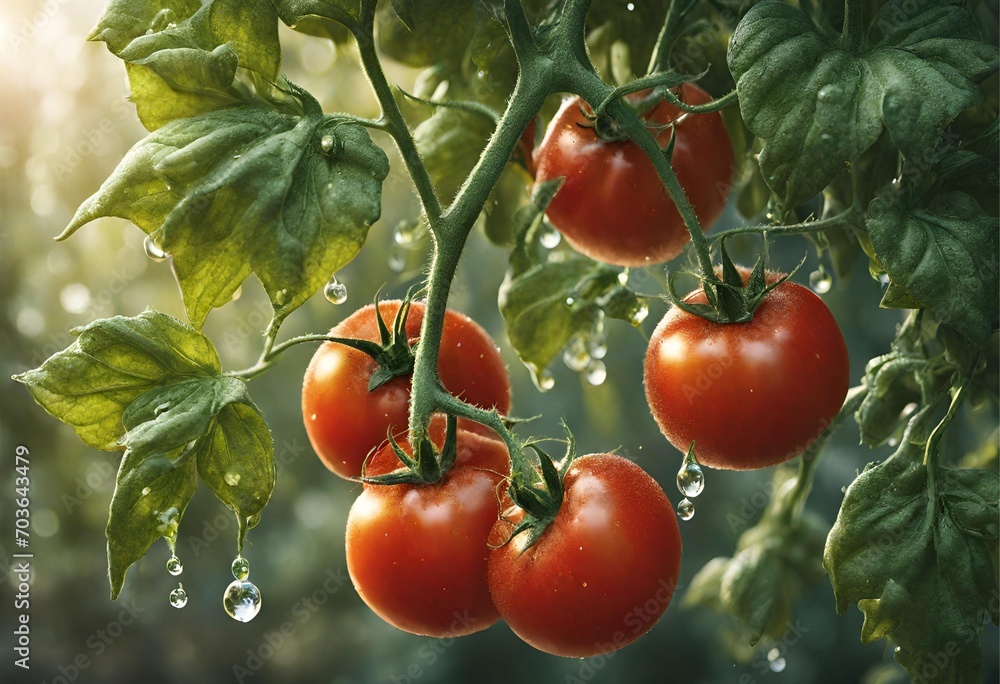 Fresh ripe tomatoes on the vine with water droplets, surrounded by green leaves, with a soft-focus background.