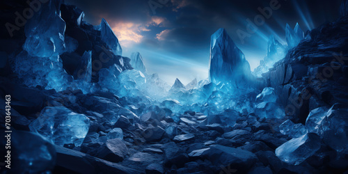Glowing blue rocks radiate a mystical light in a dark, enchanted setting