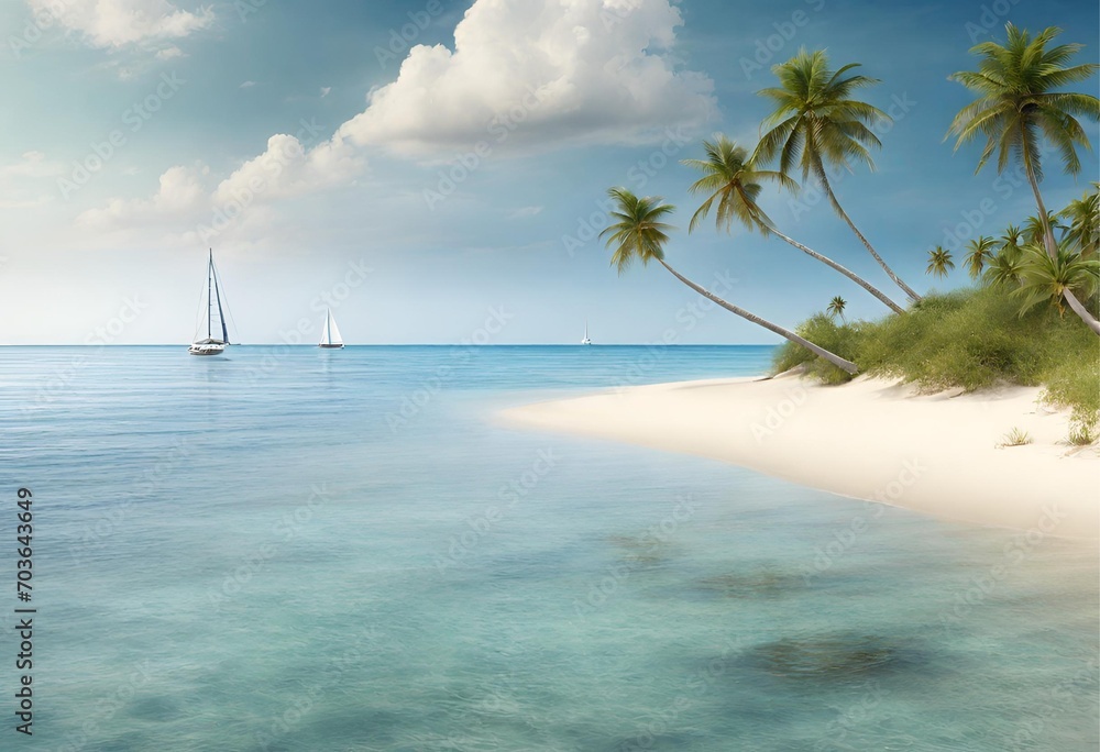 Tropical beach with palm trees, white sand, clear blue water, and sailboats in the distance. Tranquil seascape for vacation themes.