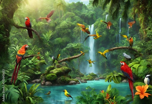 Tropical paradise with colorful parrots, lush greenery, waterfalls, and serene river. Vibrant wildlife and exotic flora in a tranquil setting.