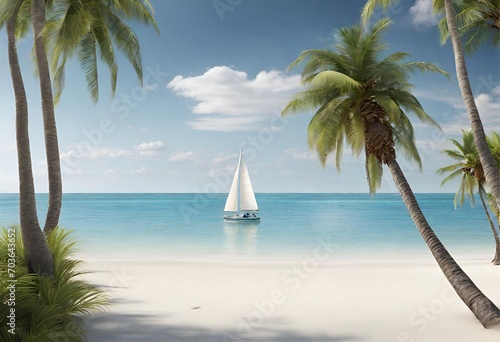Tropical beach with palm trees and a sailboat on the horizon under a clear blue sky. © Creative Mind 