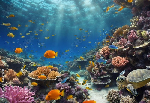 Underwater seascape with colorful fish, a turtle, and coral reefs illuminated by sunbeams penetrating the ocean surface.