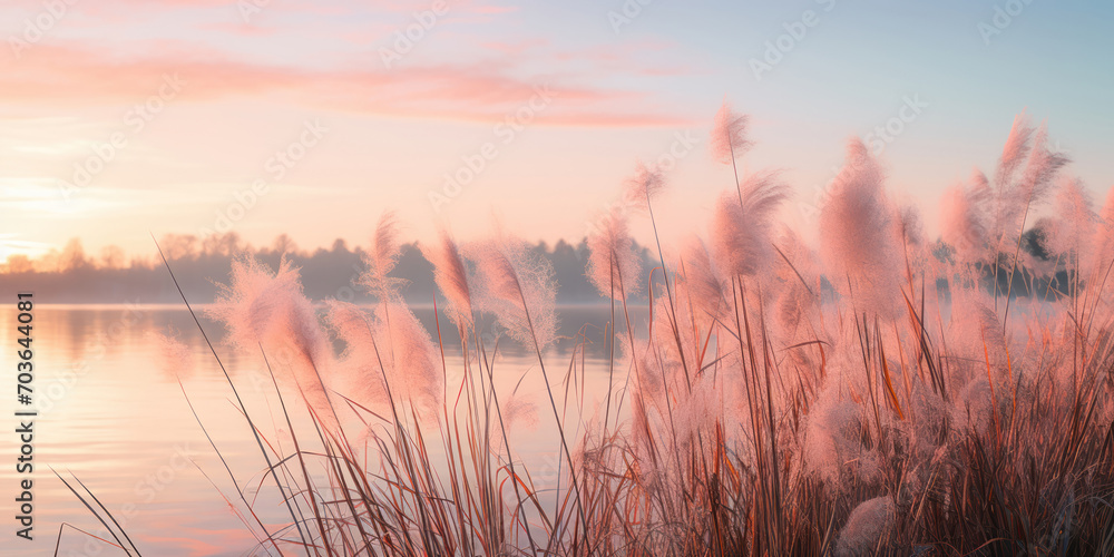Wispy tall grasses sway gently by a serene lake, set against a backdrop of a soft pink sunrise - obrazy, fototapety, plakaty 