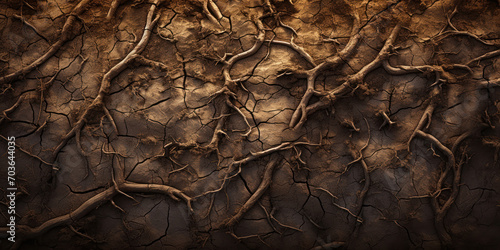 Network of twisting roots navigating through parched, textured soil photo