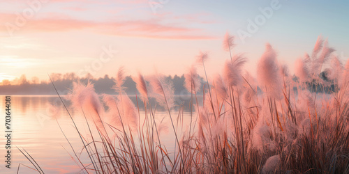 Wispy tall grasses sway gently by a serene lake, set against a backdrop of a soft pink sunrise photo