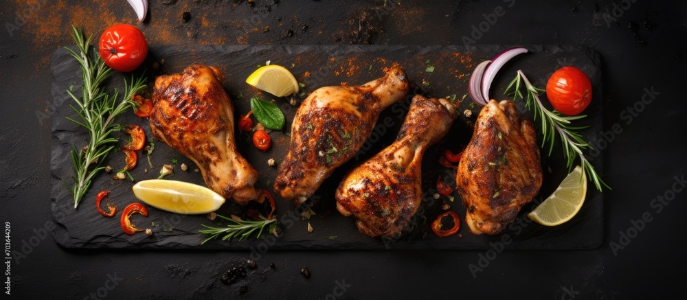 Caribbean jerk chicken drumsticks and thighs, spicy grilled, on black platter with ingredients on stone board, viewed from above, empty space. - obrazy, fototapety, plakaty 