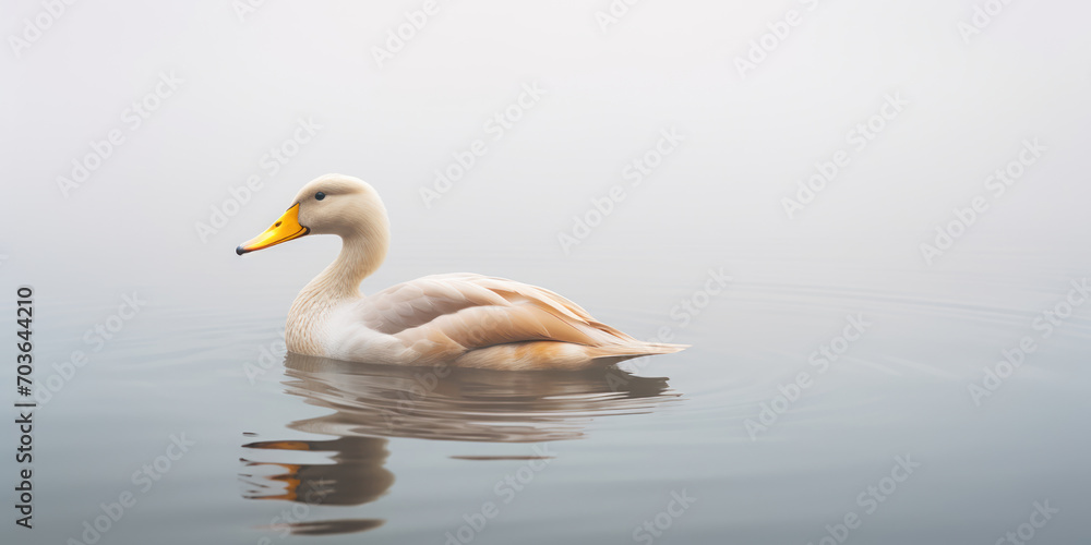On a misty grey lake, a lone duck paddles gently, creating ripples On a misty grey lake, a lone duck paddles gently, creating ripples