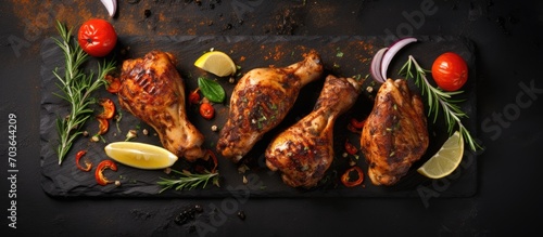 Caribbean jerk chicken drumsticks and thighs, spicy grilled, on black platter with ingredients on stone board, viewed from above, empty space. photo