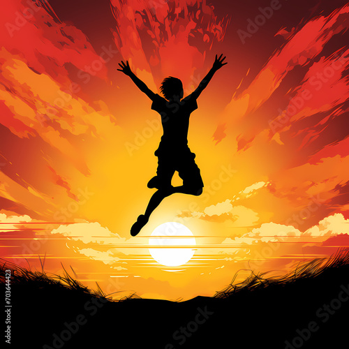 Silhouette of a person jumping at sunset.