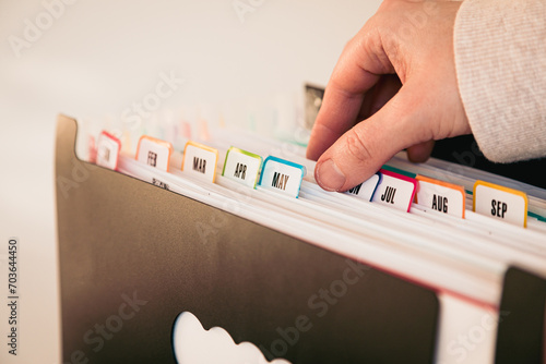 Woman Organizing Documents in a 12-Month Accordion File Organizer, Monthly Filing System with Color-Coded Tabs, Home Office, January to December Tabs