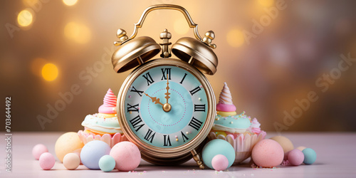 Pastel sweets pour from a vintage clock, suggesting sweet moments are timeless