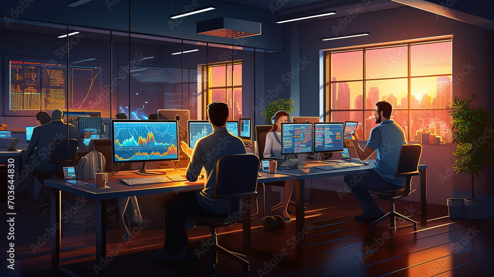A scene showcasing a team of software developers coding, collaborating