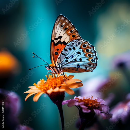 Macro shot of a butterfly on a flower.