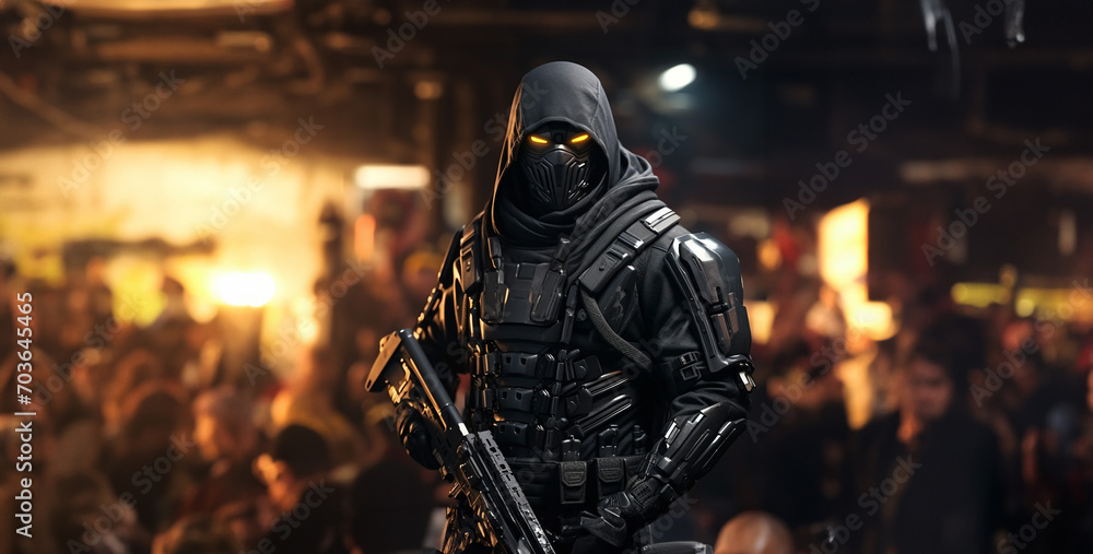 Full Body Game Character MIlitar ninja cyberpunk, hydrant at night