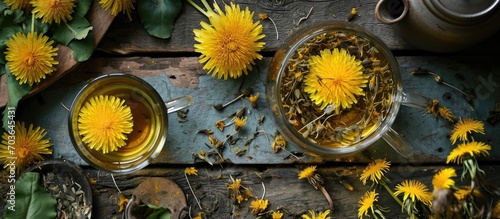 Top view of fresh dandelion root herbal tea.