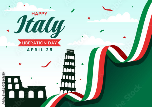 Happy Italy Liberation Day Vector Illustration on April 25 with Waving Flag Italian and Ribbon in Holiday Holiday Flat Cartoon Background