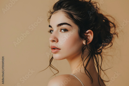 Beauty Woman Face Portrait. Beautiful spa model Girl with perfect fresh clean skin. Brunette woman looking at the camera. Young people and skin care concept