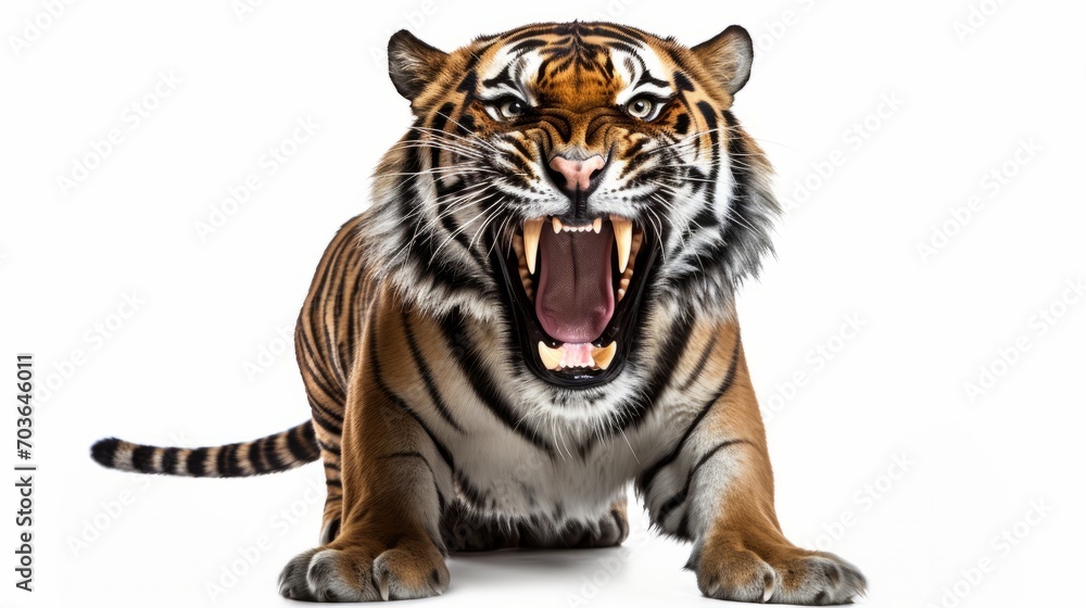 Aggressive, baring fangs, tiger isolated on a white background isolated on white background,. Created using Generative AI Technology - obrazy, fototapety, plakaty 