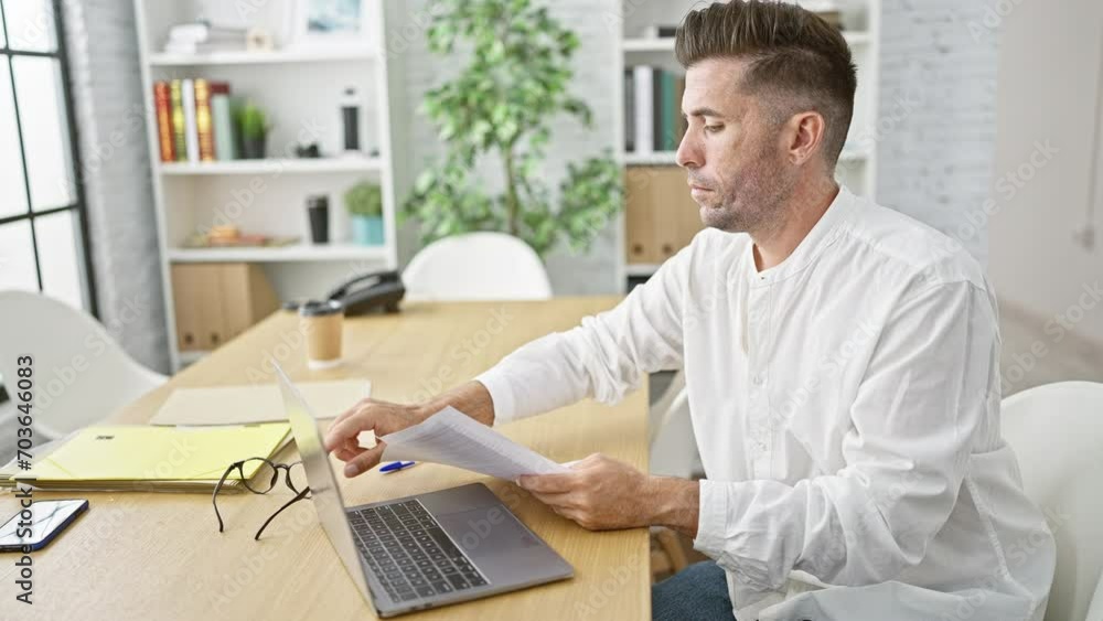 Handsome young hispanic man intently reading business documents at office, his glasses perched neatly on his nose while he sits at working table, laptop nearby, embodying professional success Handsome young hispanic man intently reading business documents at office, his glasses perched neatly on his nose while he sits at working table, laptop nearby, embodying professional success