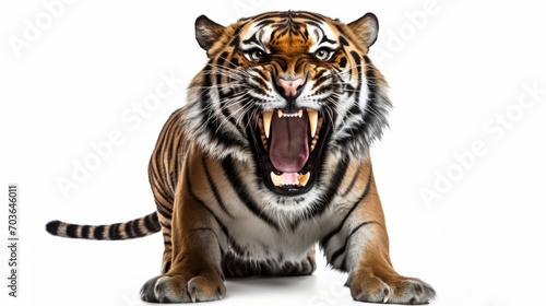 Fotografia Aggressive, baring fangs, tiger isolated on a white background isolated on white background,
