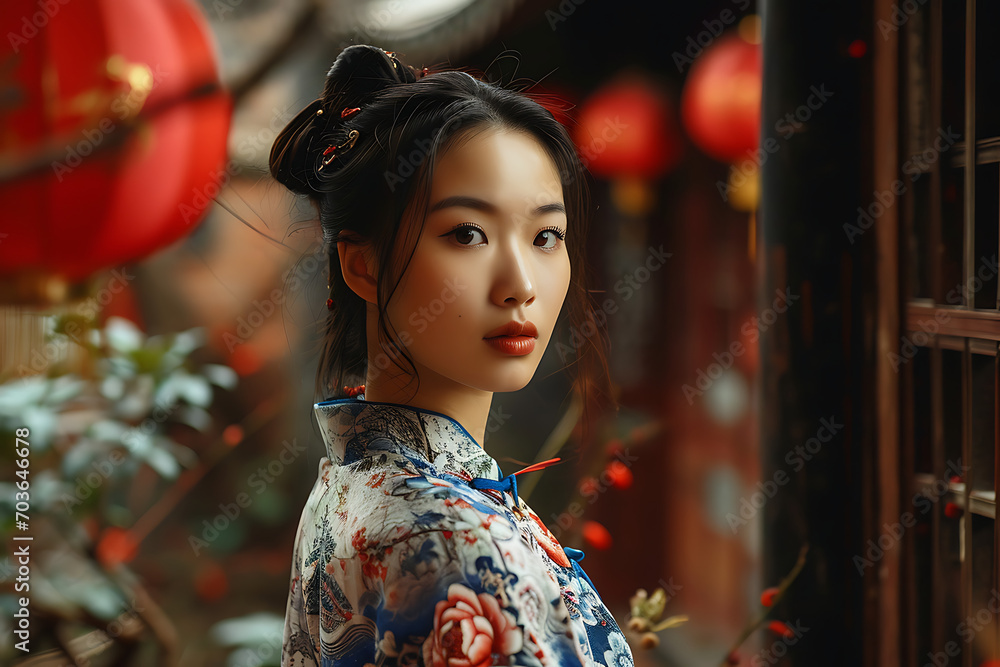 Beautiful Asian Chinese model in tradition clothes 