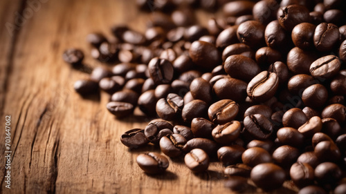 Roasted coffee beans close - up-fragrant background. Brown arabica coffee beans are scattered on the wooden table. 