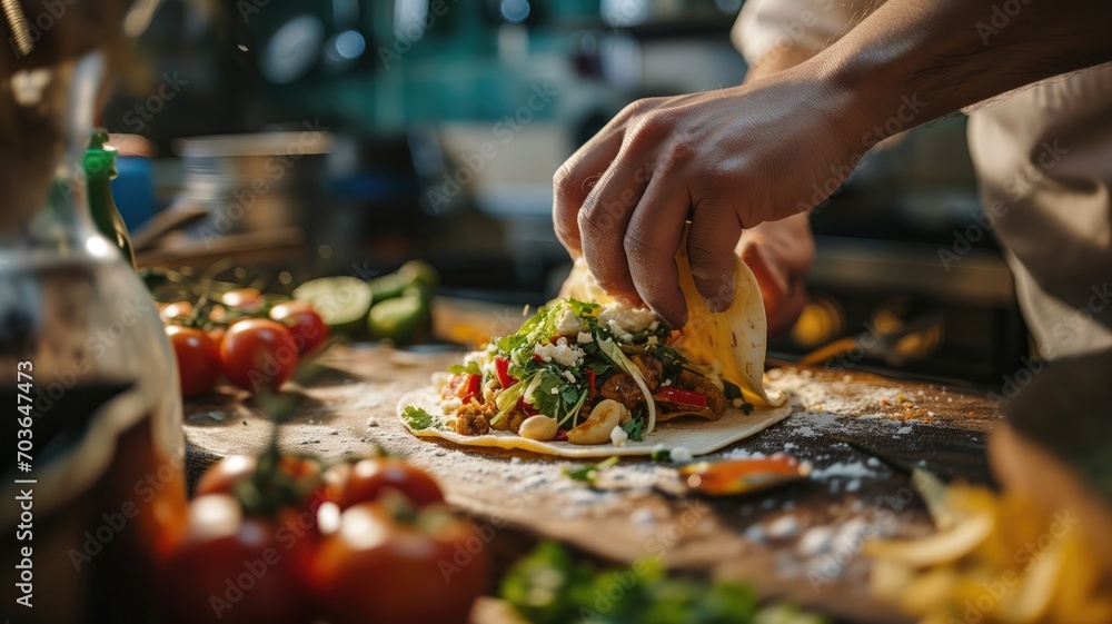Chef assembling a taco with fresh ingredients - obrazy, fototapety, plakaty 