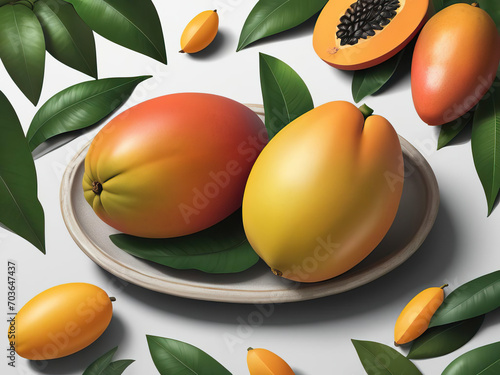 Hyperrealistic Fruit Illustration - Vibrant and colorful ripe mangoes and papayas, digitally rendered in a vector graphic Gen AI