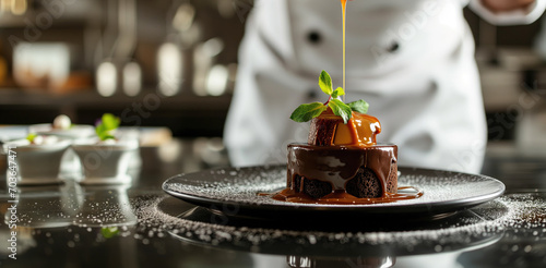 Chef garnishing chocolate dessert with caramel sauce photo
