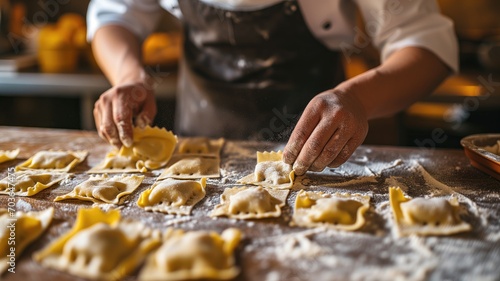 Chef preparing ravioli on a floured surface