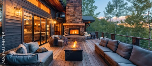 Spacious outdoor deck with gas fireplace. photo