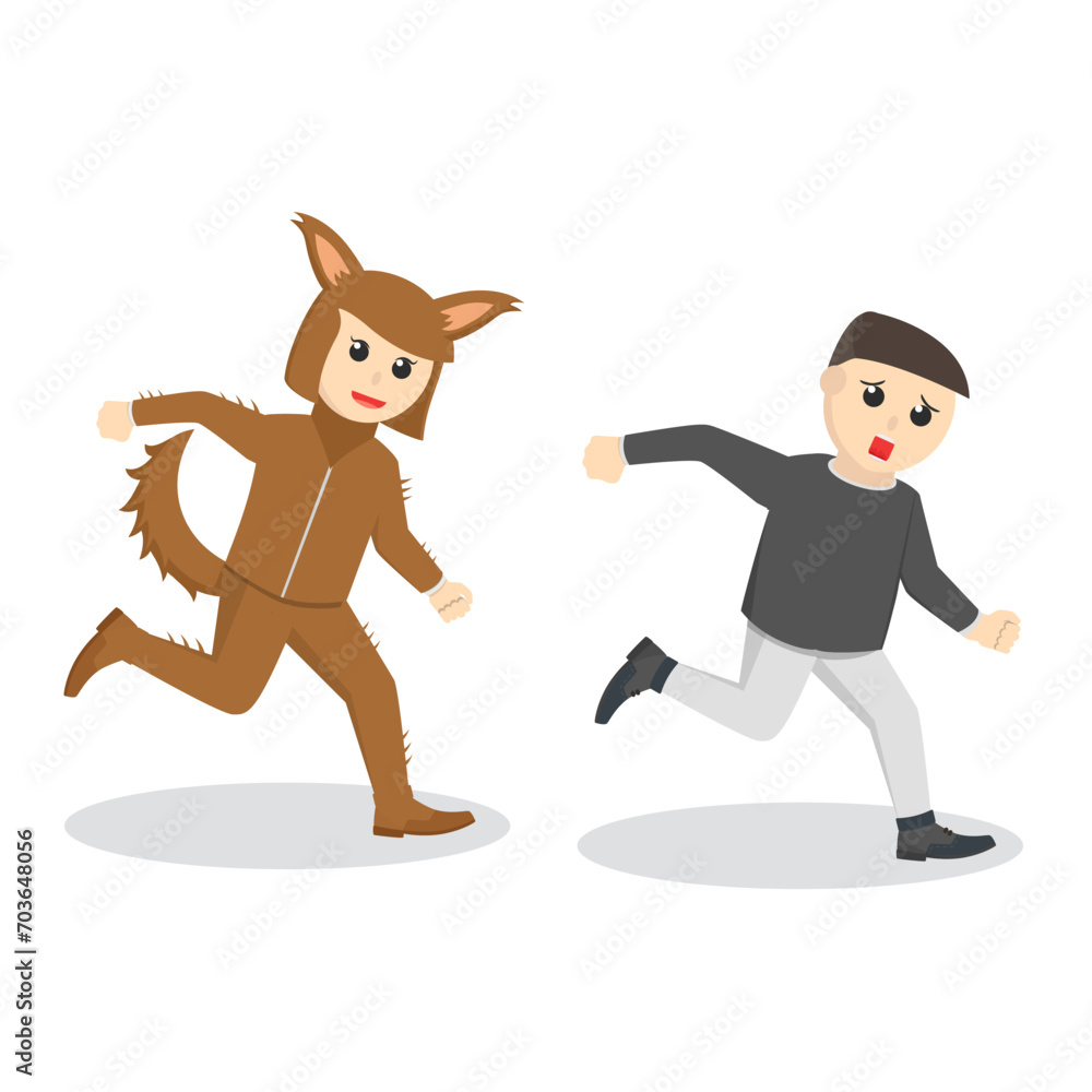 Woman With Werewolf Costume chasing the people