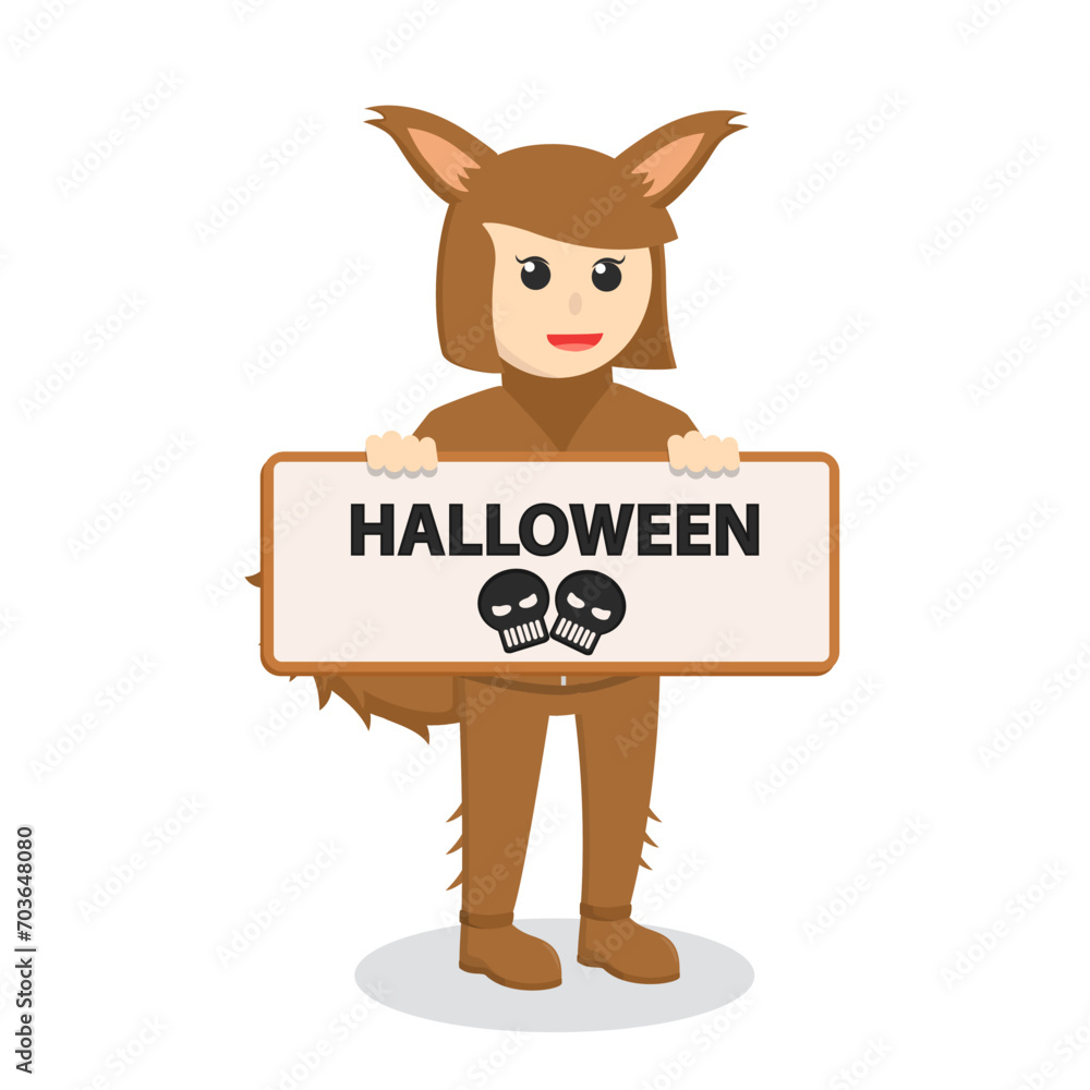 Obraz premium woman With Werewolf Costume holding sign halloween