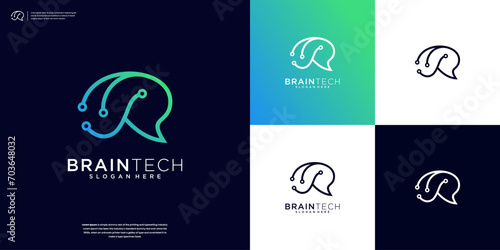 Brain digital technology simple line logo design vector
