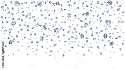 Clear shiny falling diamonds isolated on transparent background. png. 3d render illustration