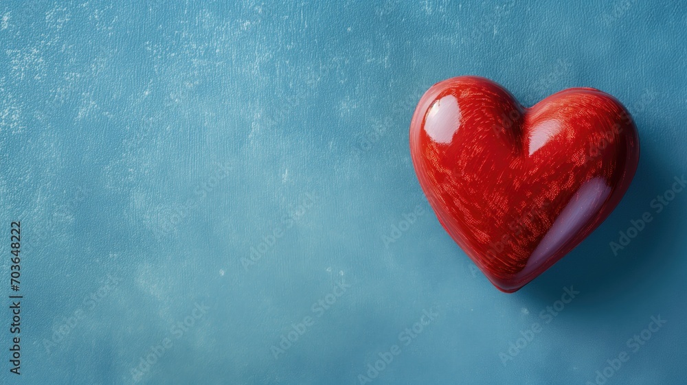 Obraz premium Glossy red heart on a textured turquoise background, conveying love