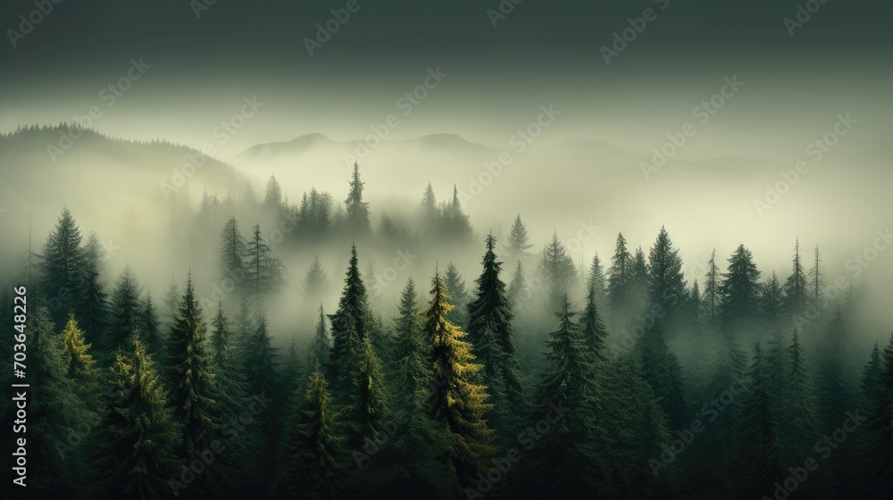 View of misty woods with tall trees, aerial shot of foggy forest with pine trees in the mountains in deep green shades